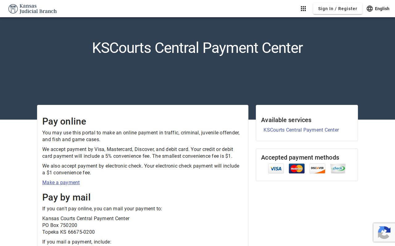 Kansas Central Payment Center payment methods and fee notice