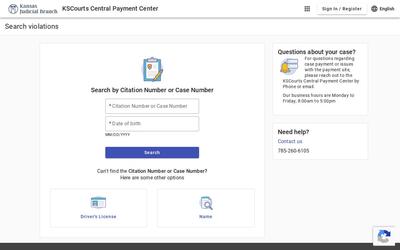 Kansas Central Payment Center citation and case search controls