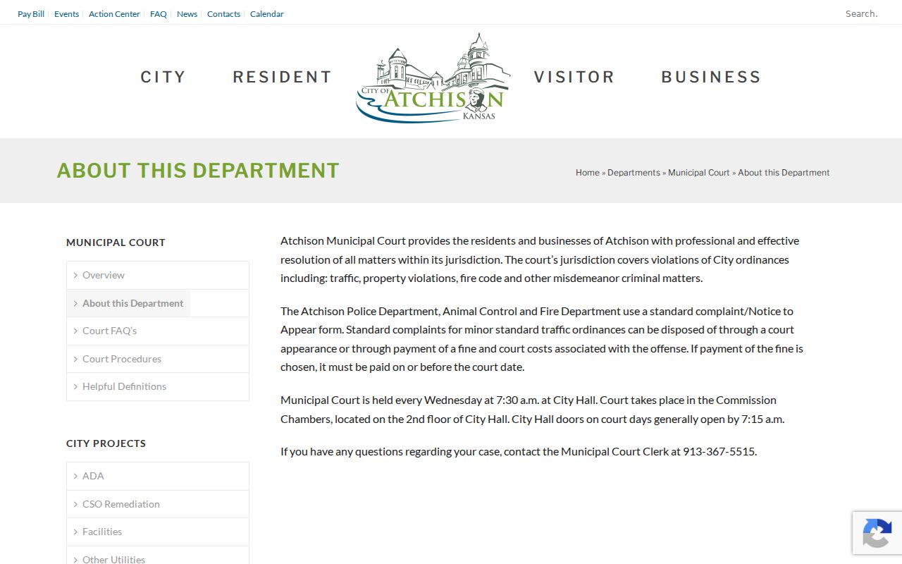 Atchison Municipal Court page showing Wednesday 7:30 a.m. court information