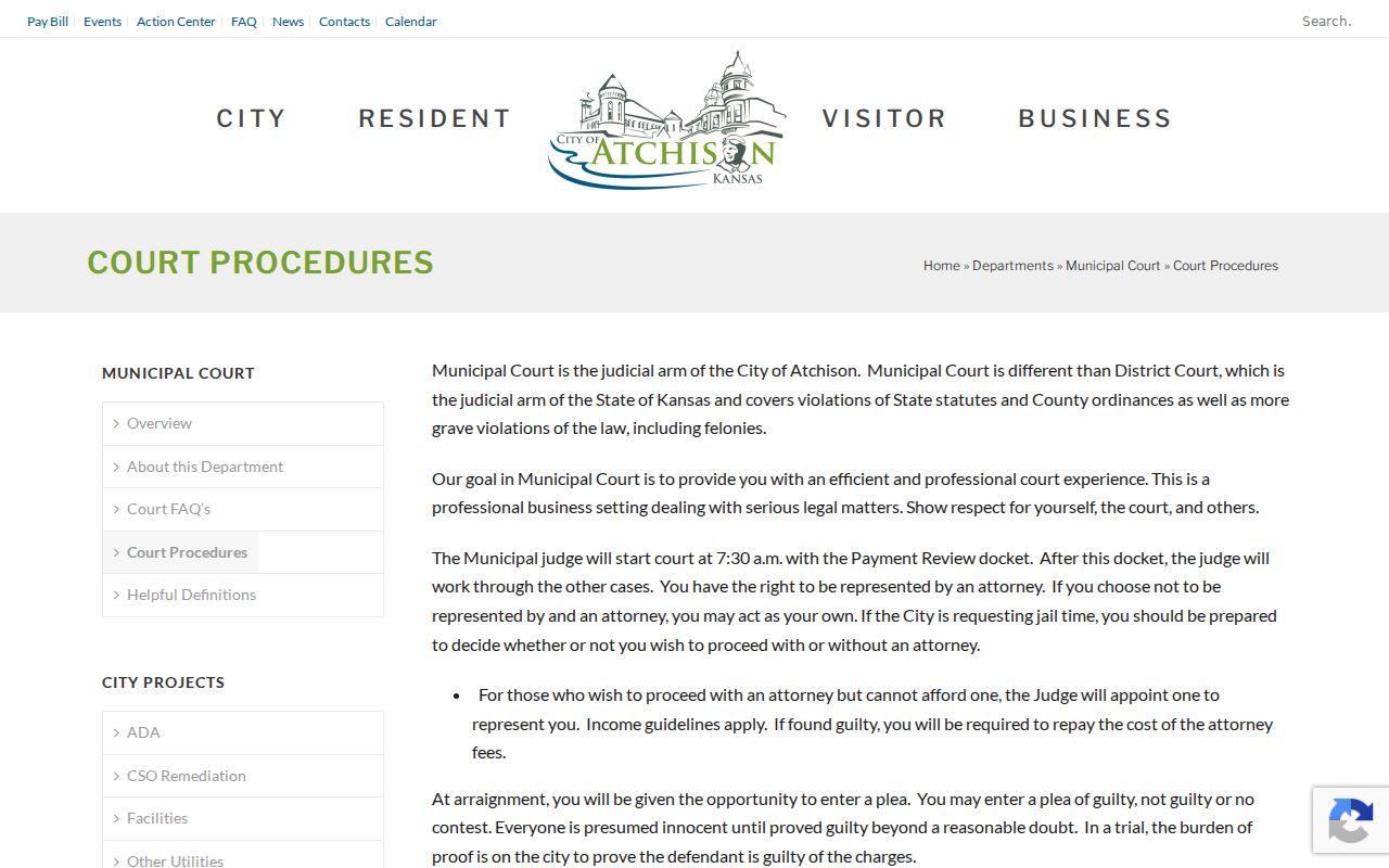 Atchison Municipal Court procedures for payment review and arraignment